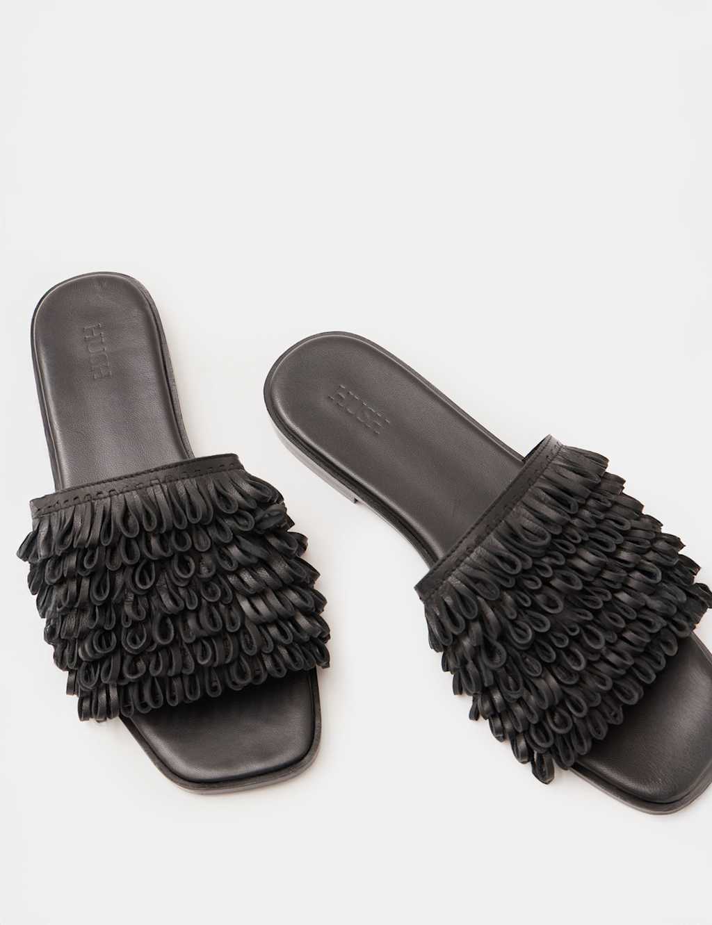 Leather Fringed Flat Square Toe Sliders 5 of 5