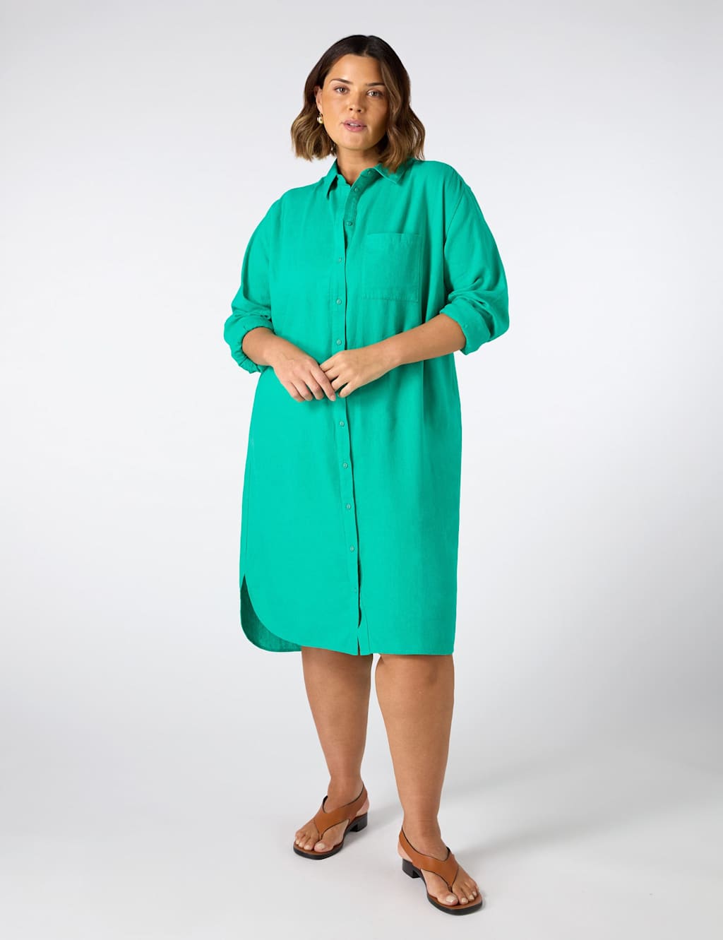 Linen Blend Midi Shirt Dress 2 of 3