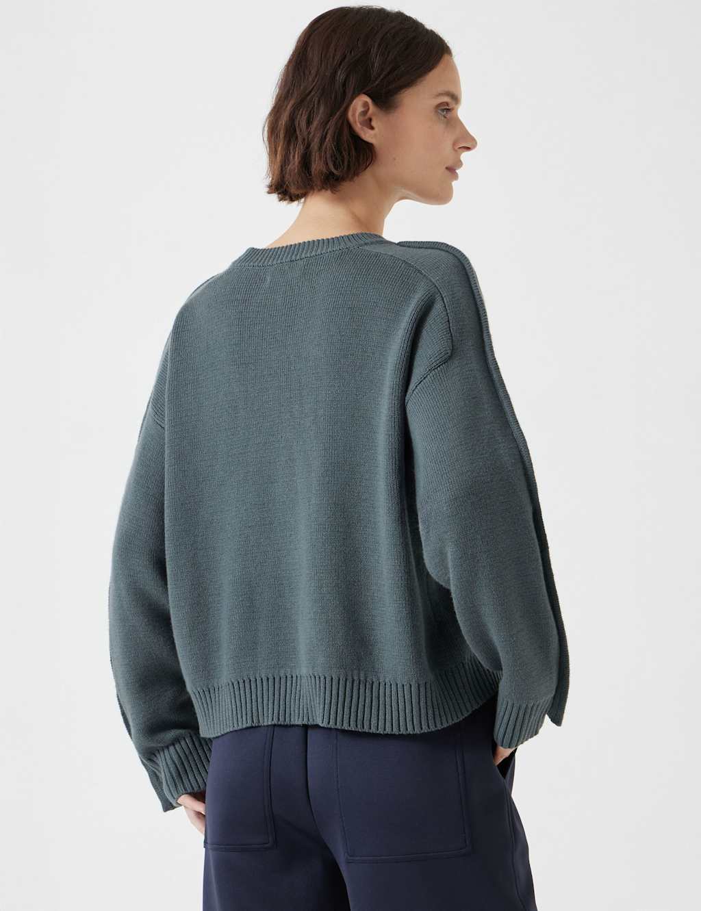 Cotton Rich Crew Neck Popper Sleeve Jumper 3 of 5