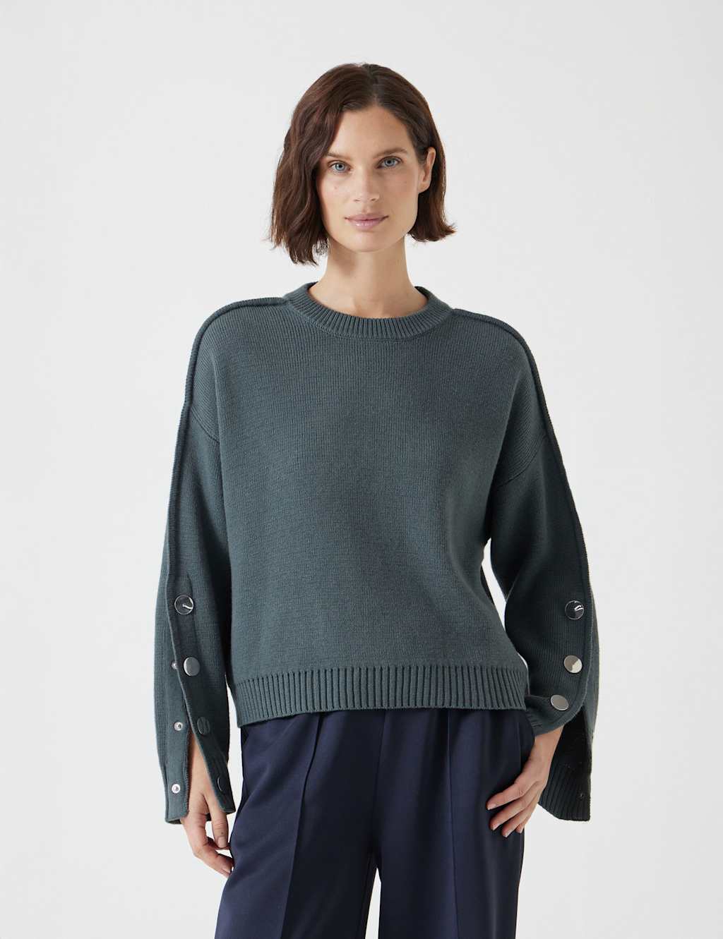 Cotton Rich Crew Neck Popper Sleeve Jumper 4 of 5