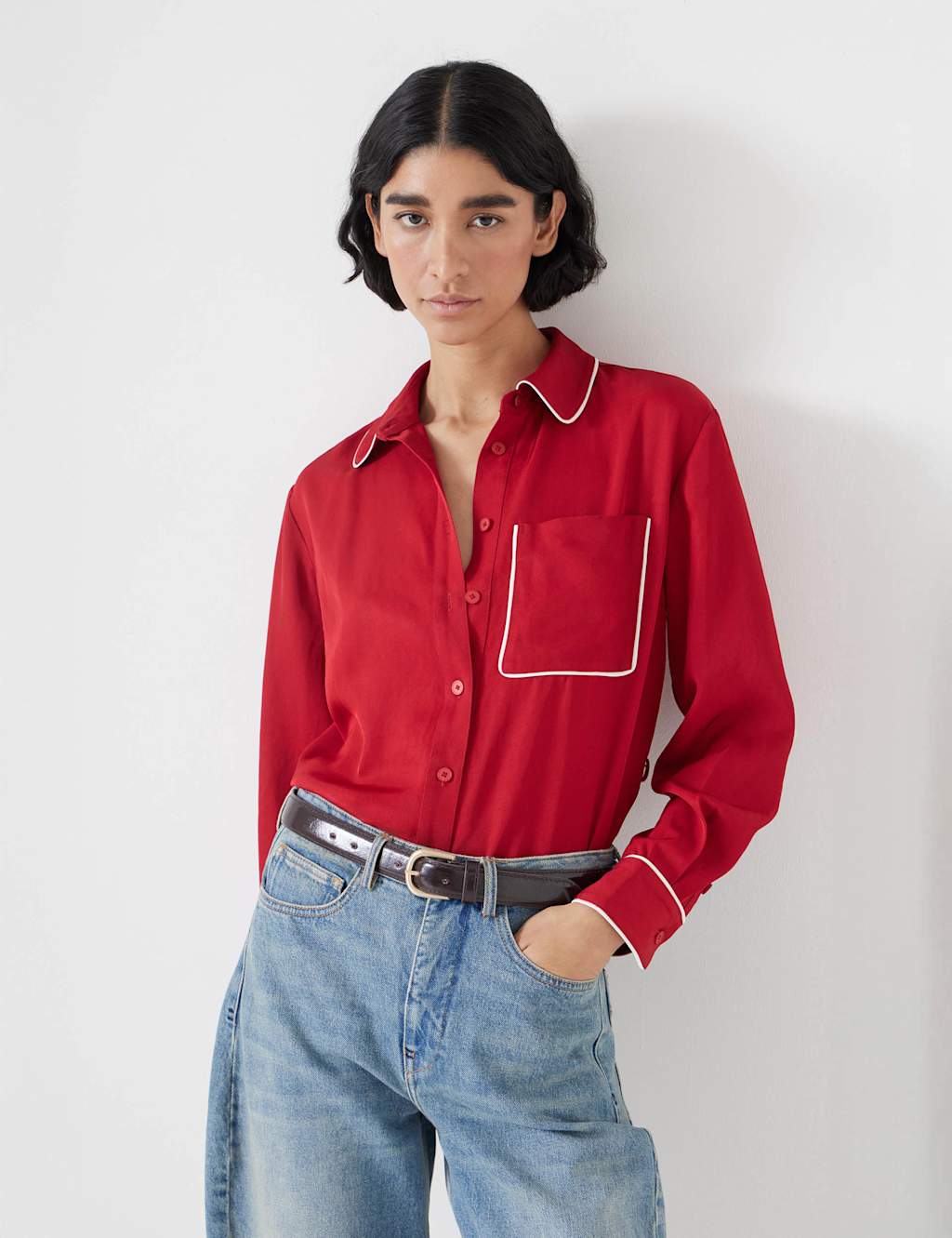 Satin Relaxed Piping Detail Shirt 5 of 5