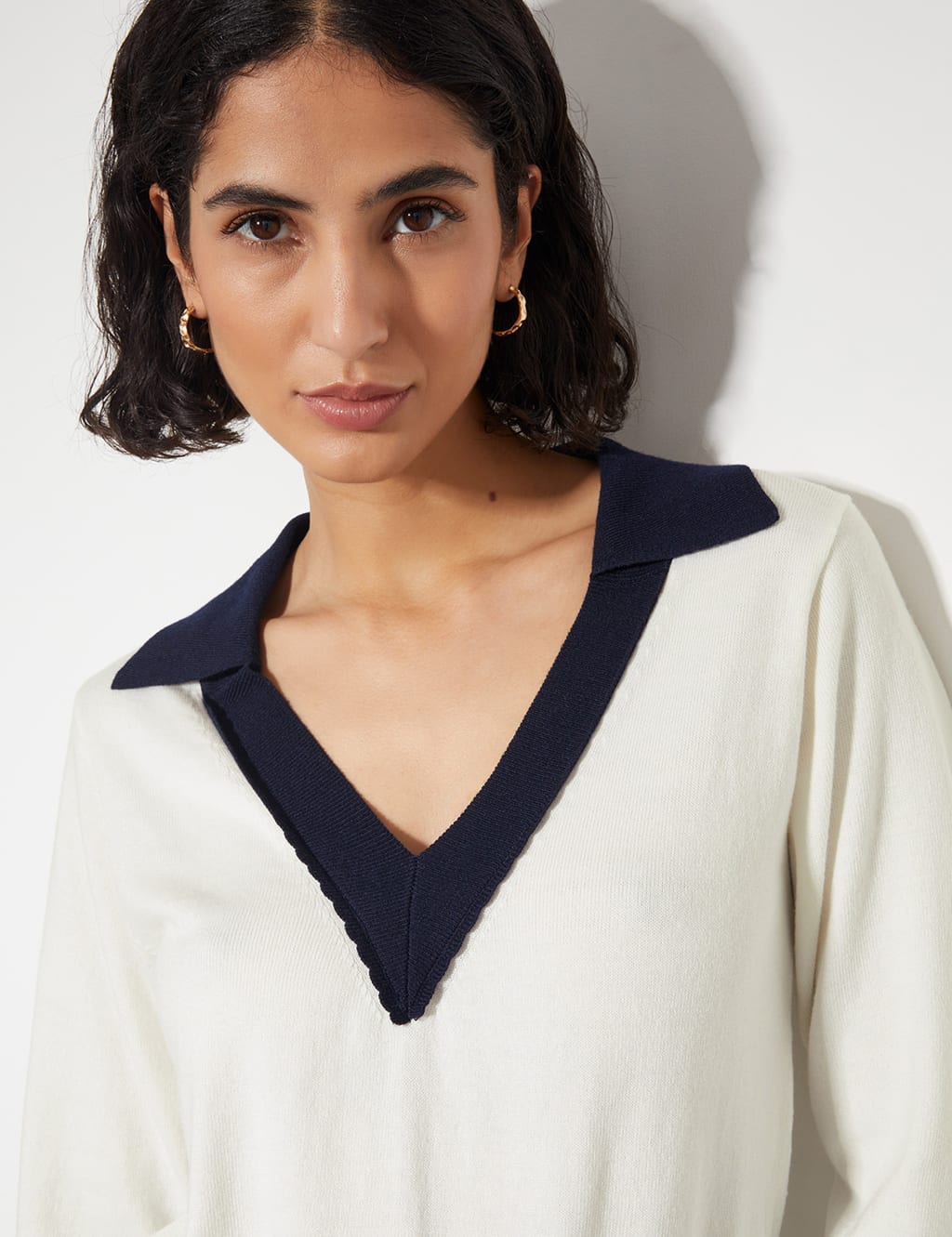 Collared V-Neck Button Detail Jumper with Wool 3 of 5