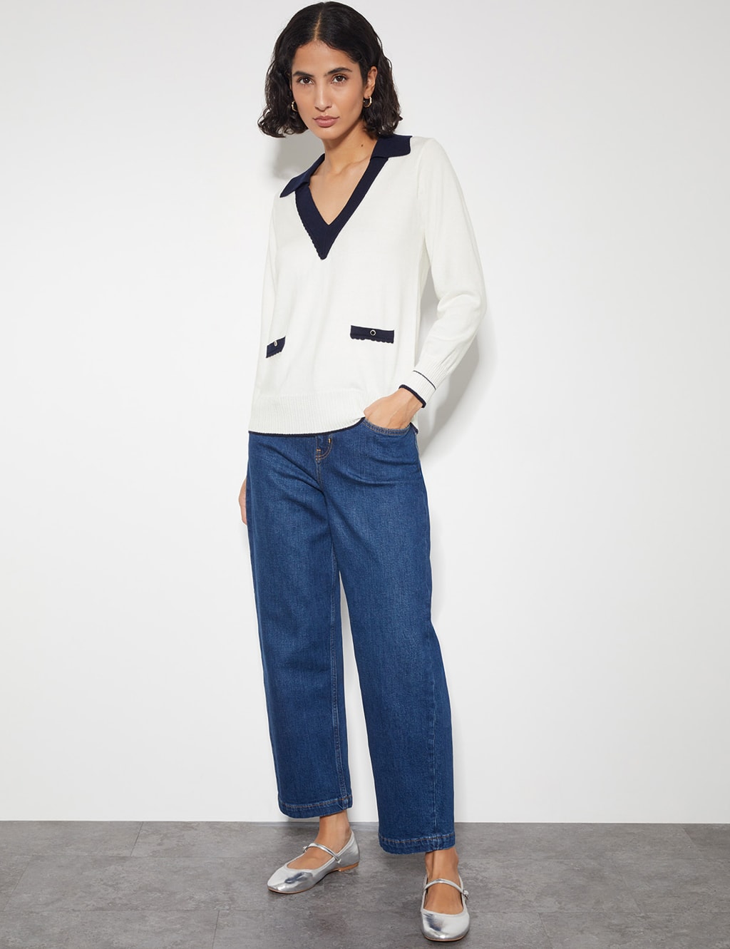 Collared V-Neck Button Detail Jumper with Wool 4 of 5