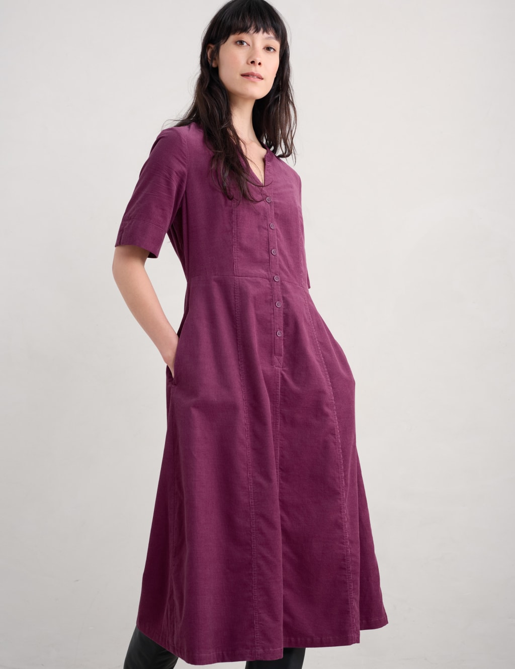 Pure Cotton Cord Notch Neck Midi Waisted Dress