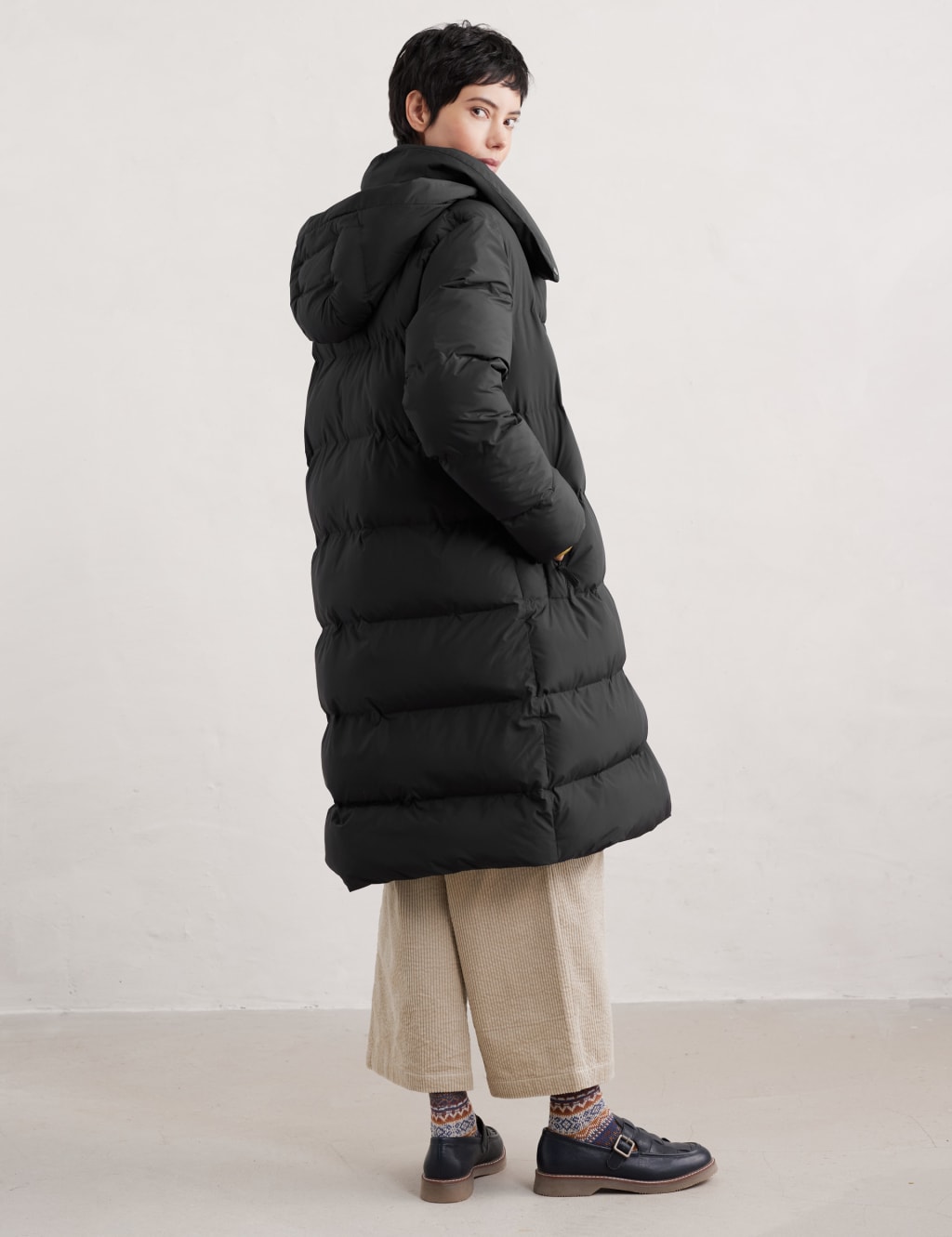 Black hooded longline puffer coat deals