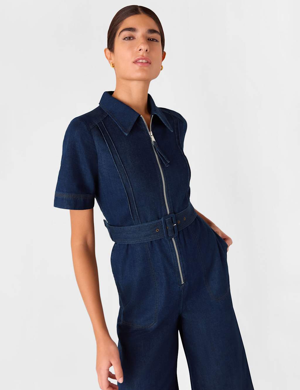 Denim Belted Short Sleeve Jumpsuit 3 of 4