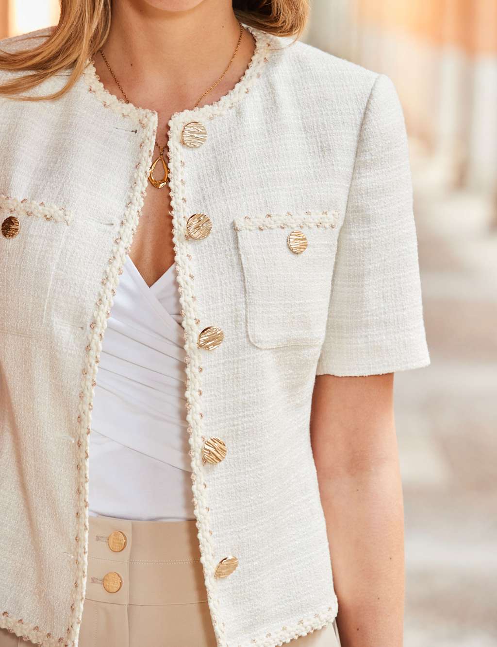 Bouclé Collarless Short Sleeve Jacket | SOSANDAR | M&S