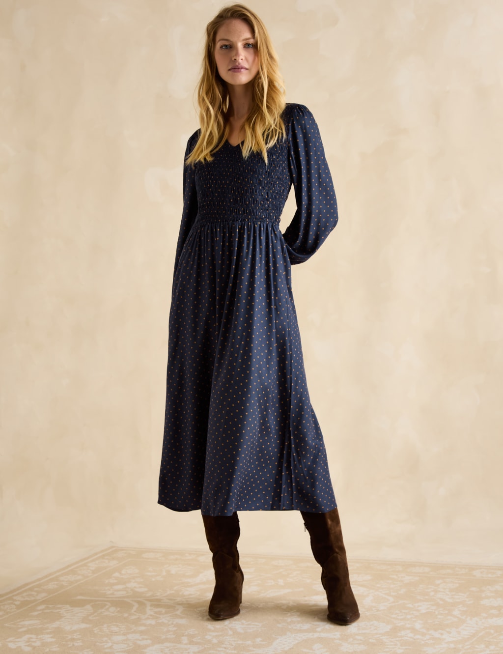 Polka Dot V-Neck Midaxi Waisted Dress 1 of 5