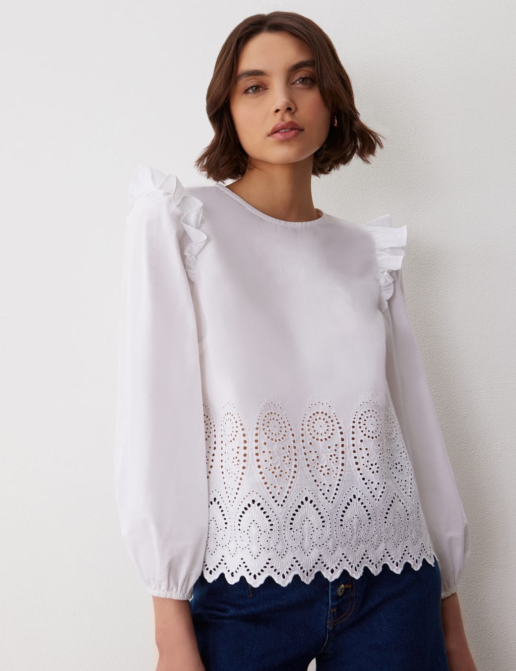 Pure Cotton Ruffle Cutwork Detail Blouse