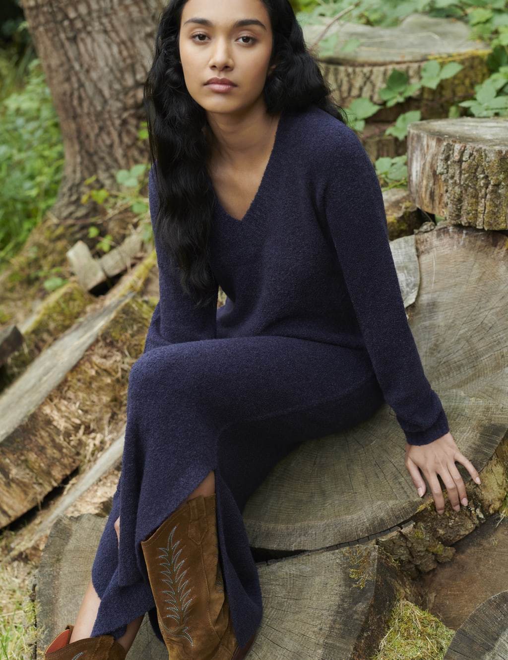 Knitted V Neck Midi Jumper Dress