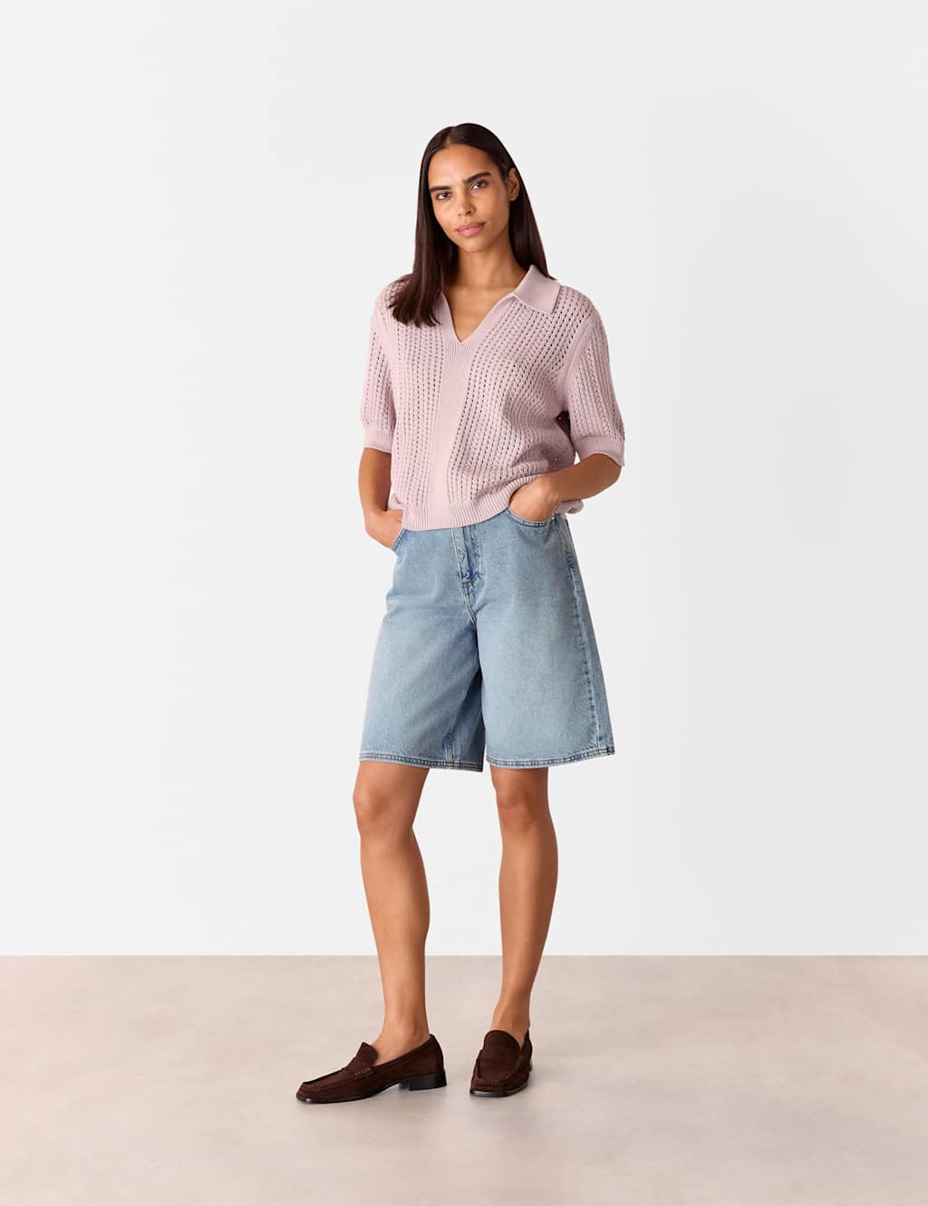 Pure Cotton Pointelle Collared V-Neck Jumper 3 of 4