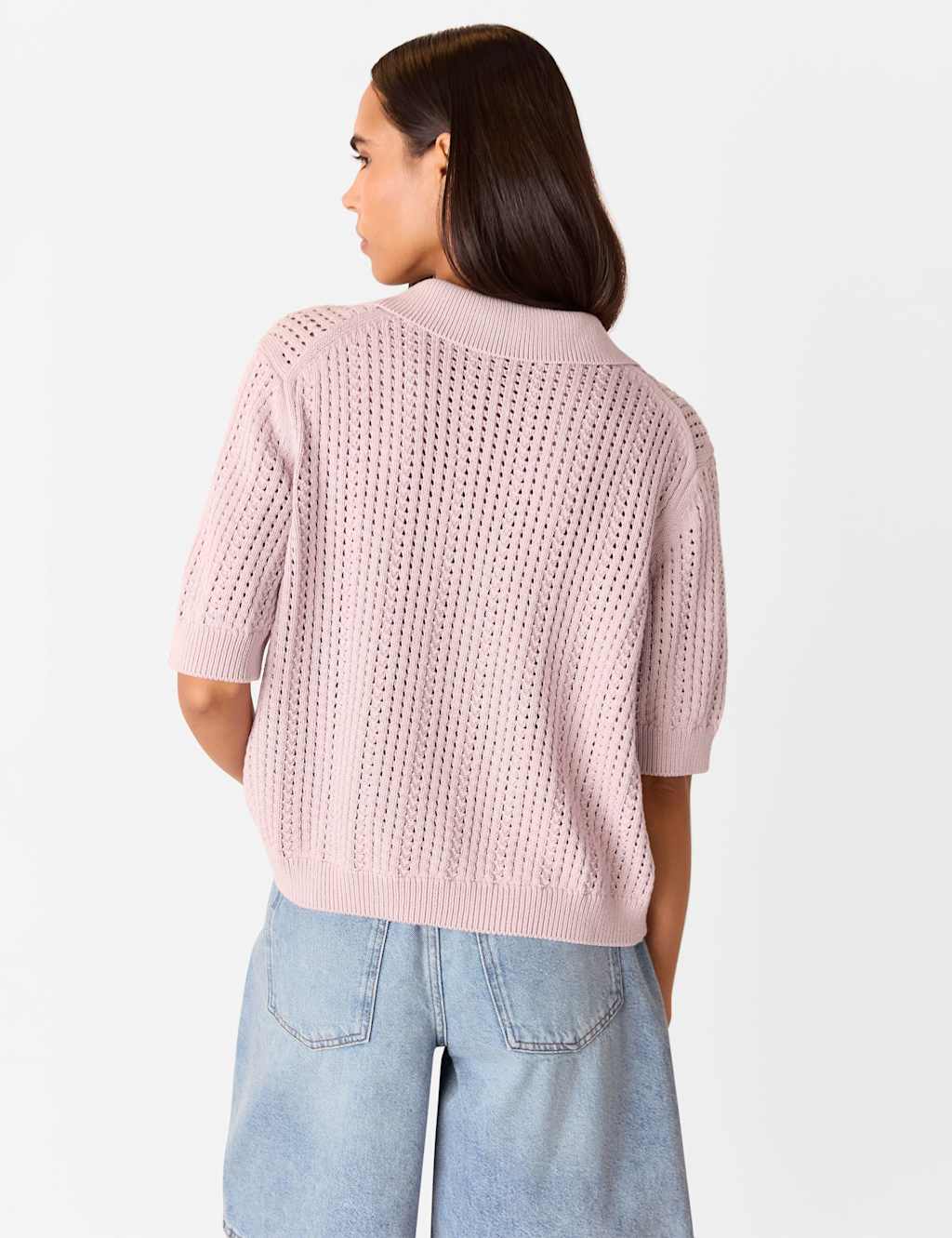 Pure Cotton Pointelle Collared V-Neck Jumper 4 of 4