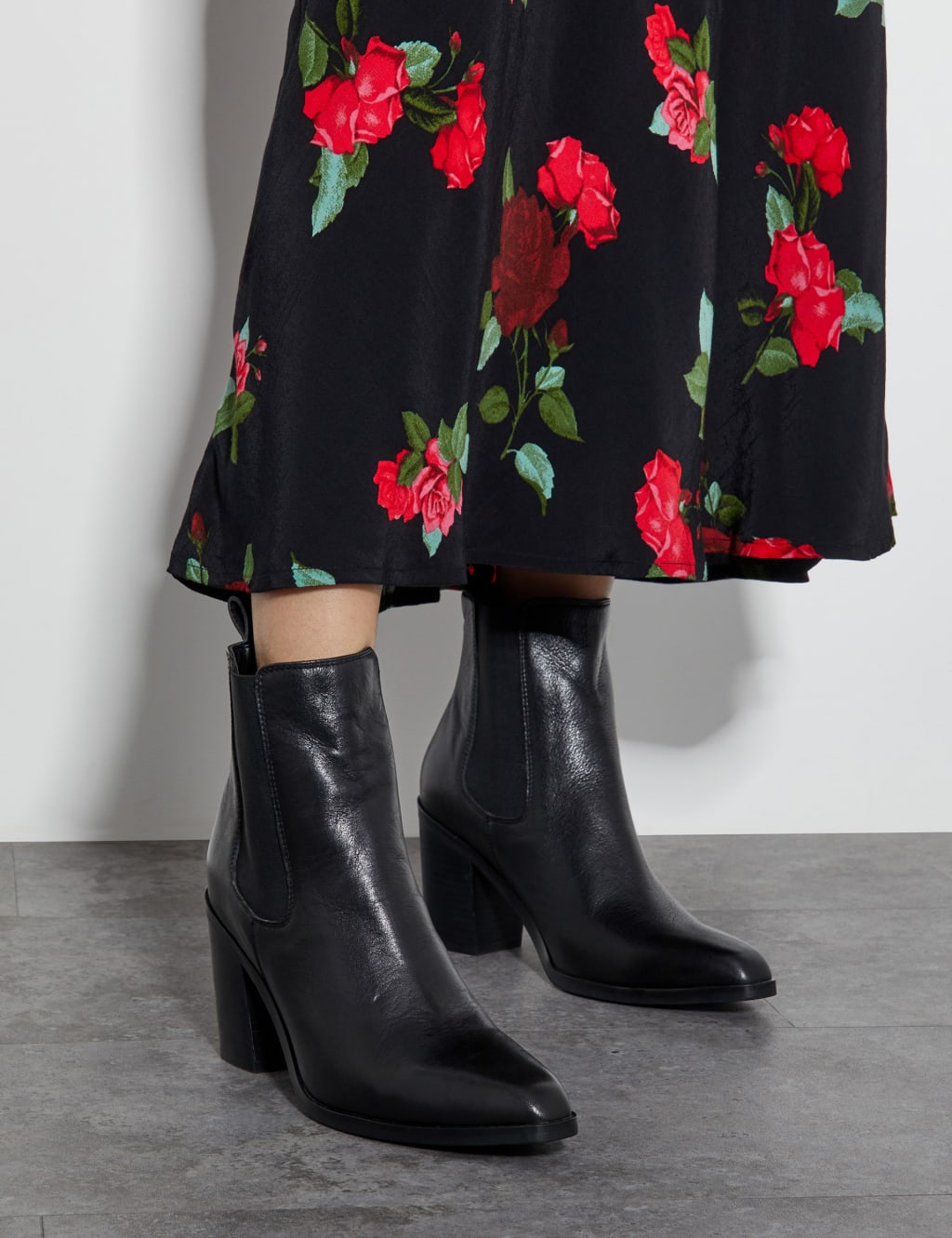 Leather Block Heel Pointed Toe Ankle Boots
