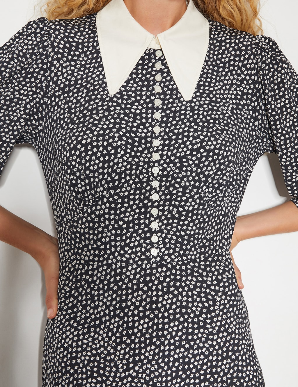 Jersey Ditsy Floral Collared Midi Shirt Dress 3 of 6