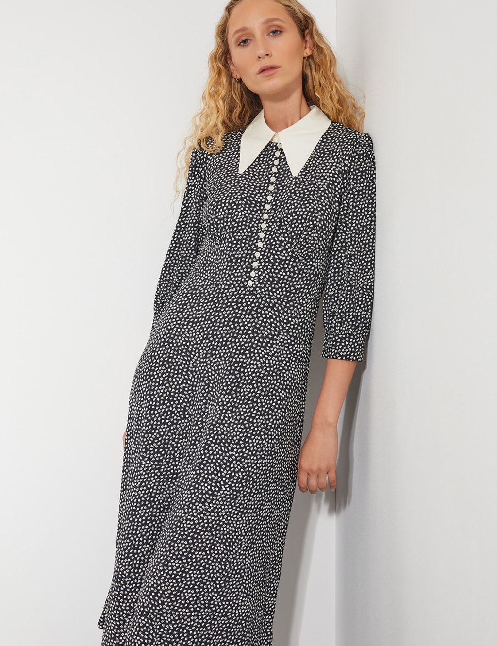 Jersey Ditsy Floral Collared Midi Shirt Dress 5 of 6