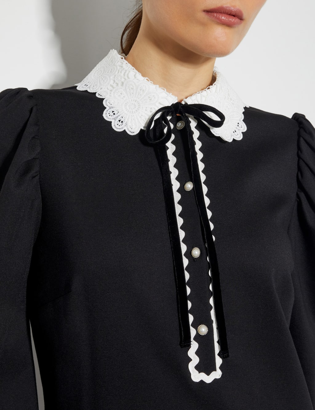 Buy Lace Detail Mandarin Collar Dress with 3/4 Sleeves White For Women |  Styli Saudi