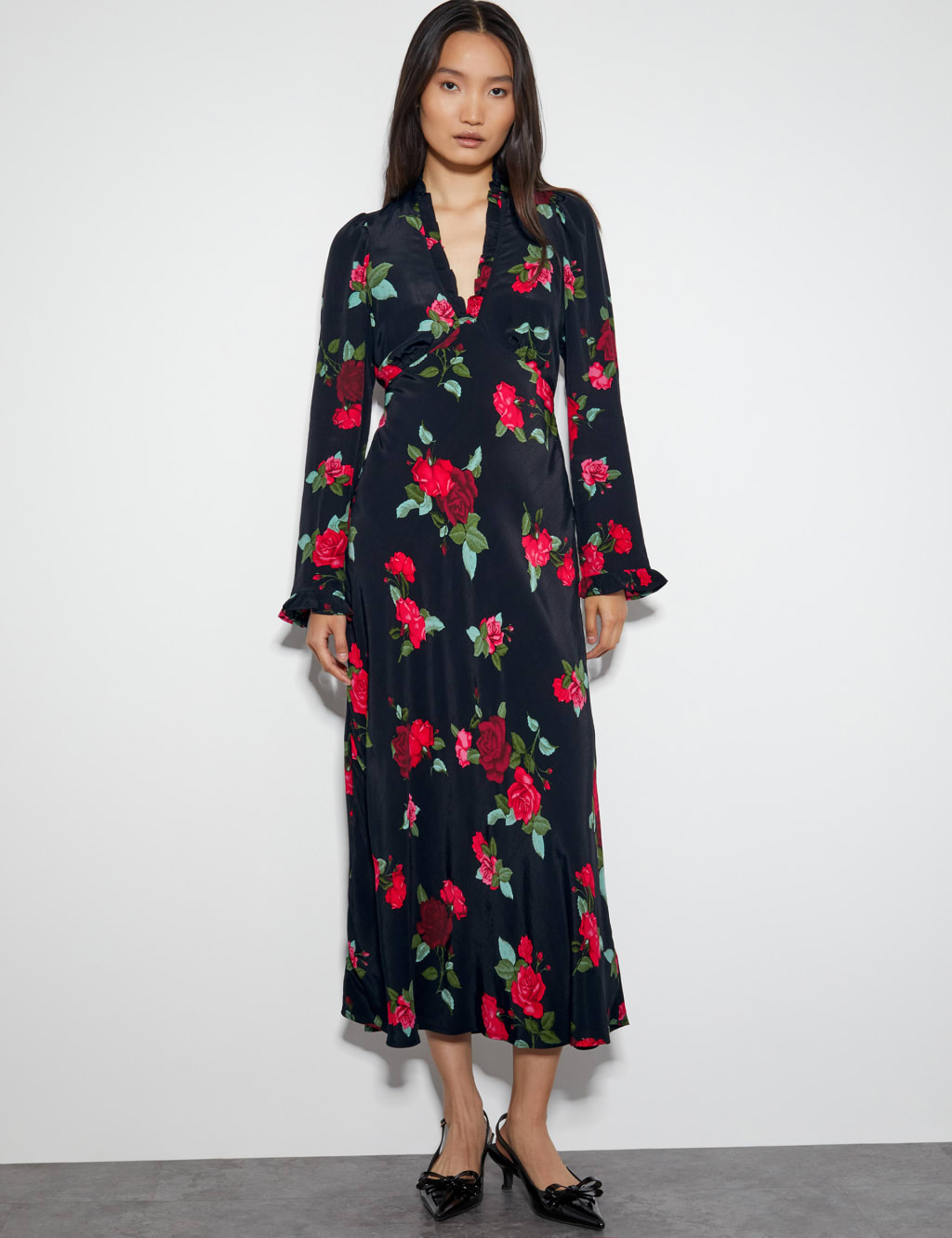 Floral V Neck Frill Detail Midi Tea Dress