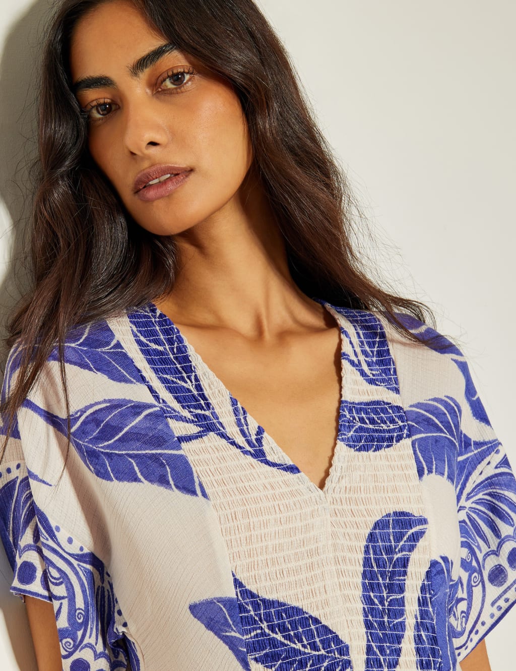 Printed V-Neck Midi Shirred Beach Dress 3 of 5