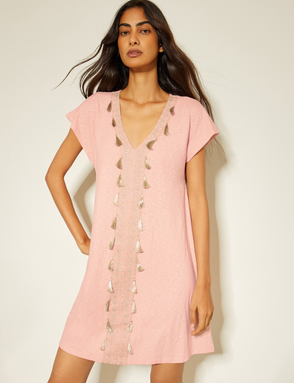 Pure Cotton V-Neck Knee Length Kaftan Dress 2 of 4