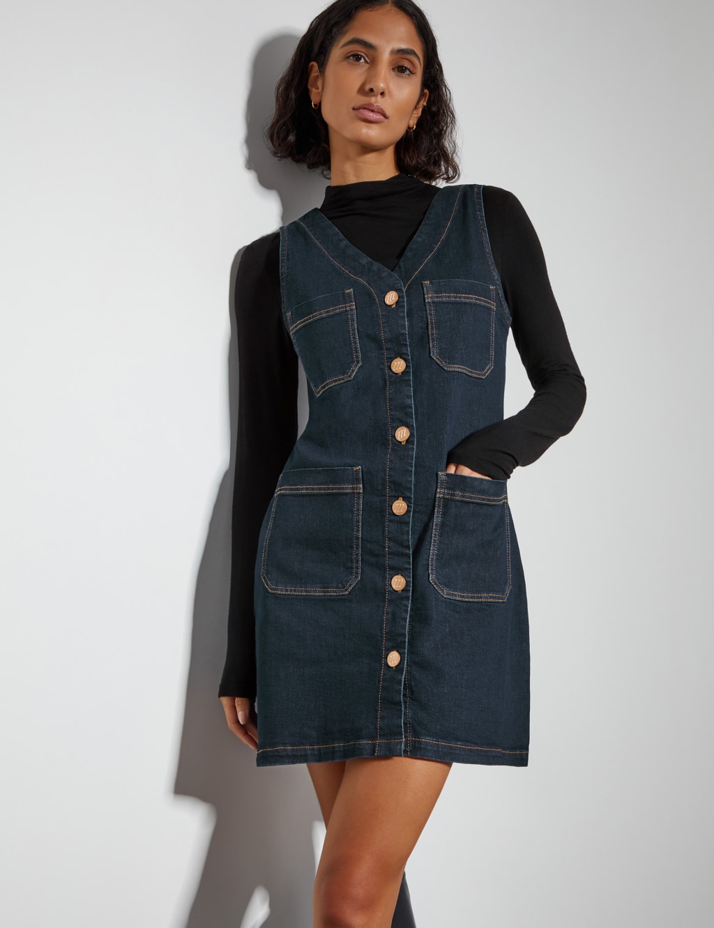 V neck denim pinafore dress top