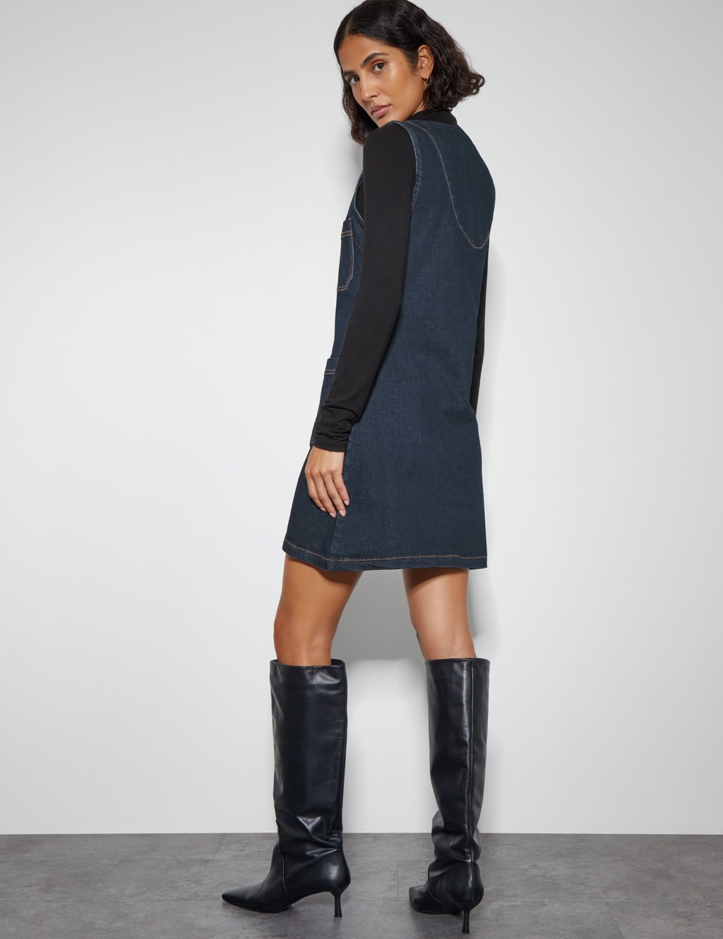 V neck denim pinafore dress on sale