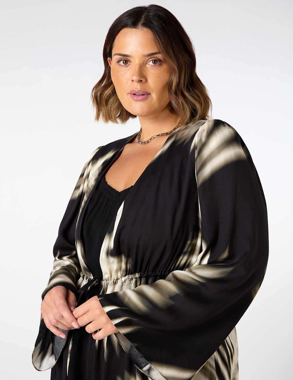 Leaf Print Drawstring Waist Longline Kimono 2 of 5