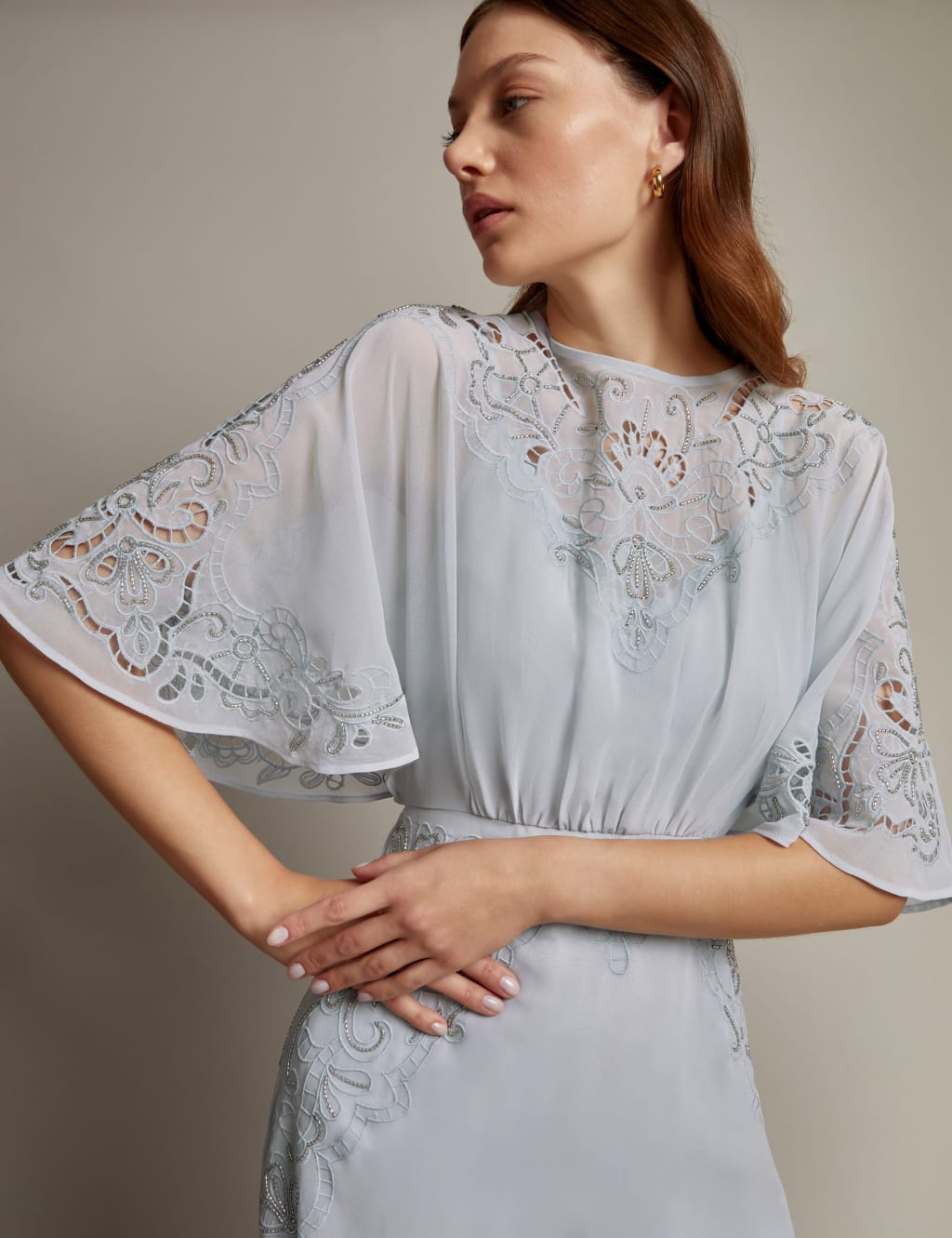 Embroidered Angel Sleeve Maxi Waisted Dress 3 of 5