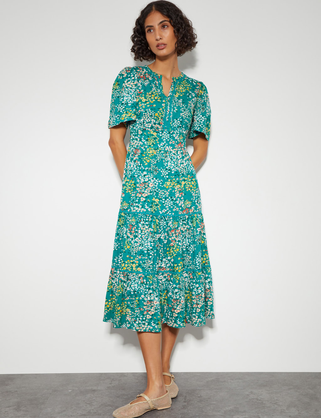 Cotton Rich Floral Notch Neck Midi Dress Monsoon M S