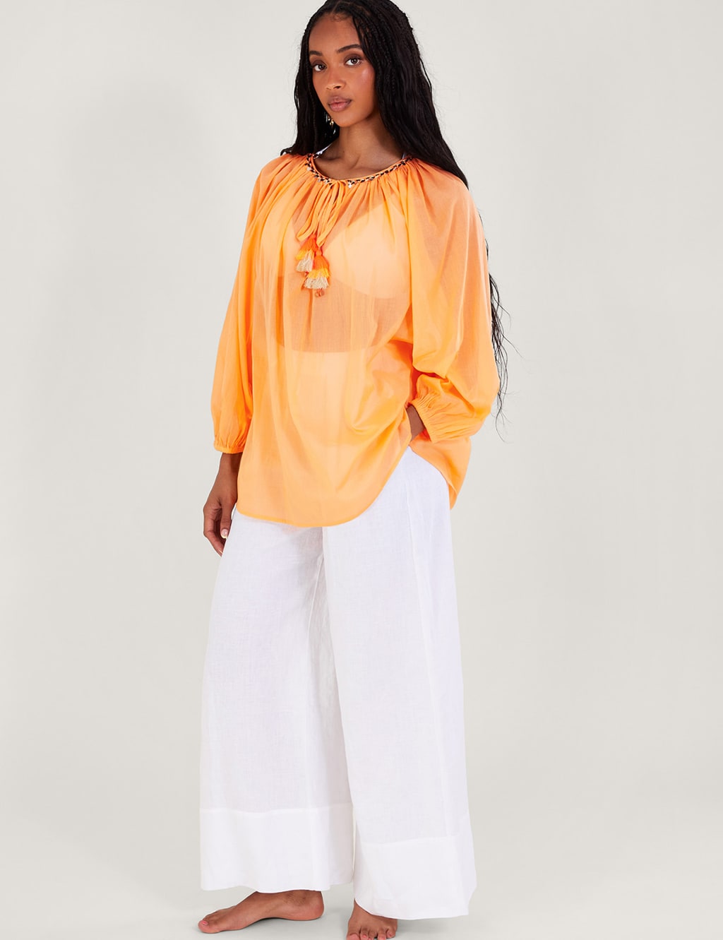 Pure Cotton Tie Neck Tassel Top 3 of 5