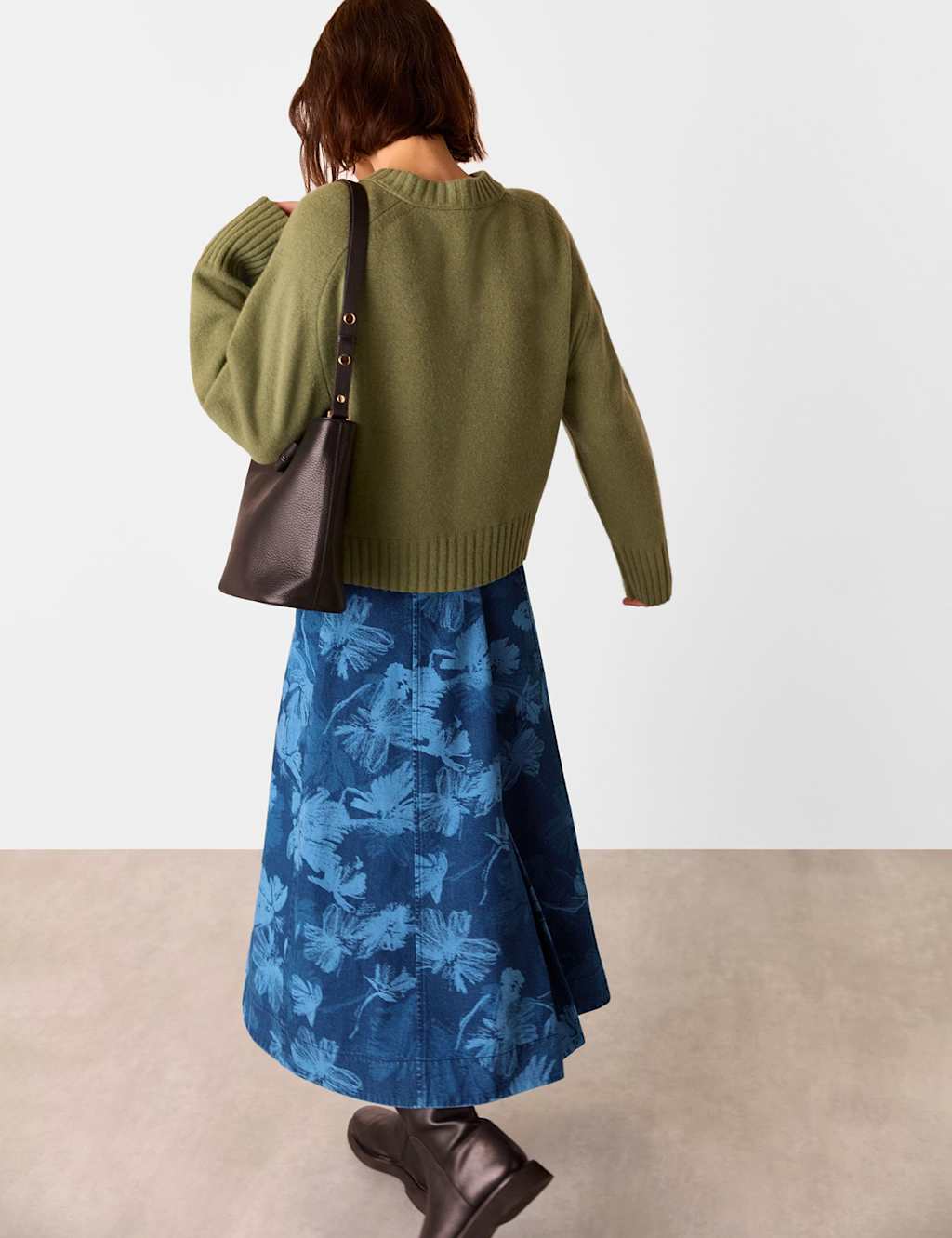 Denim Floral Midi A-Line Skirt 3 of 4