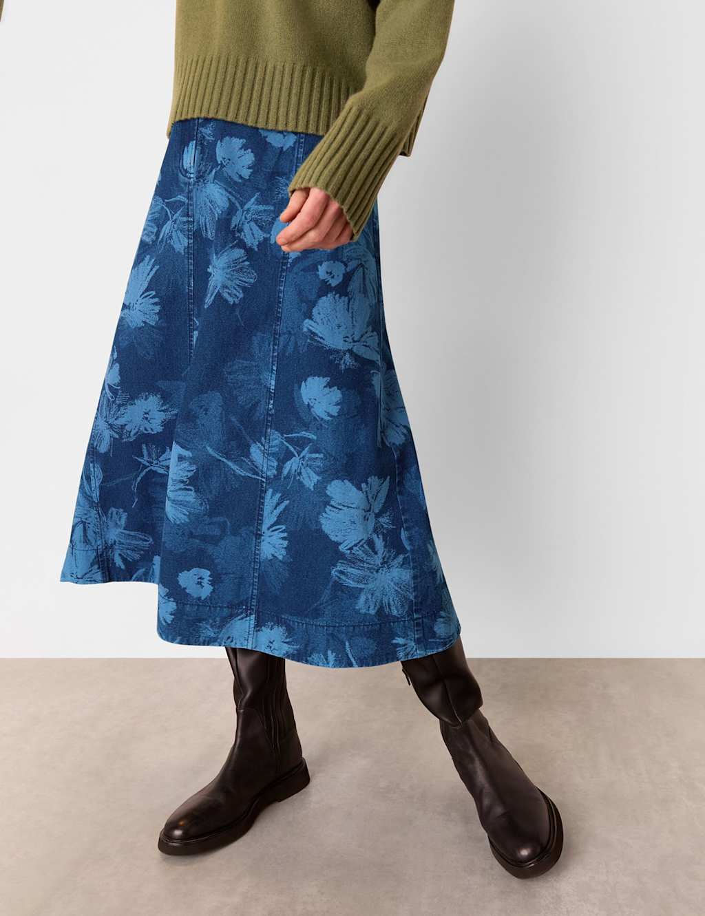 Denim Floral Midi A-Line Skirt 4 of 4