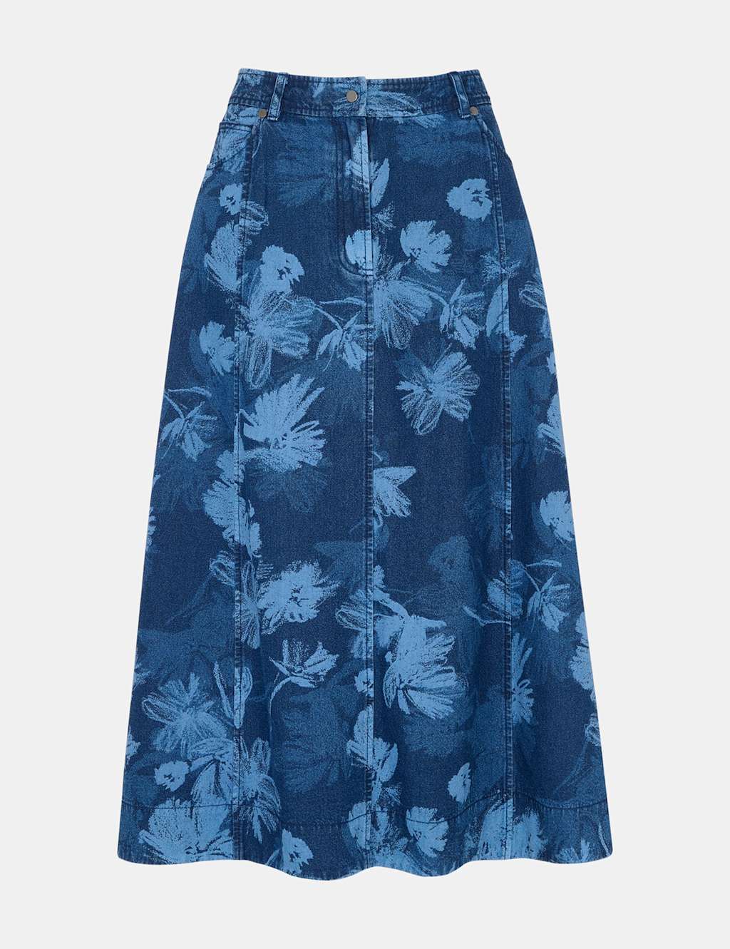Denim Floral Midi A-Line Skirt 2 of 4
