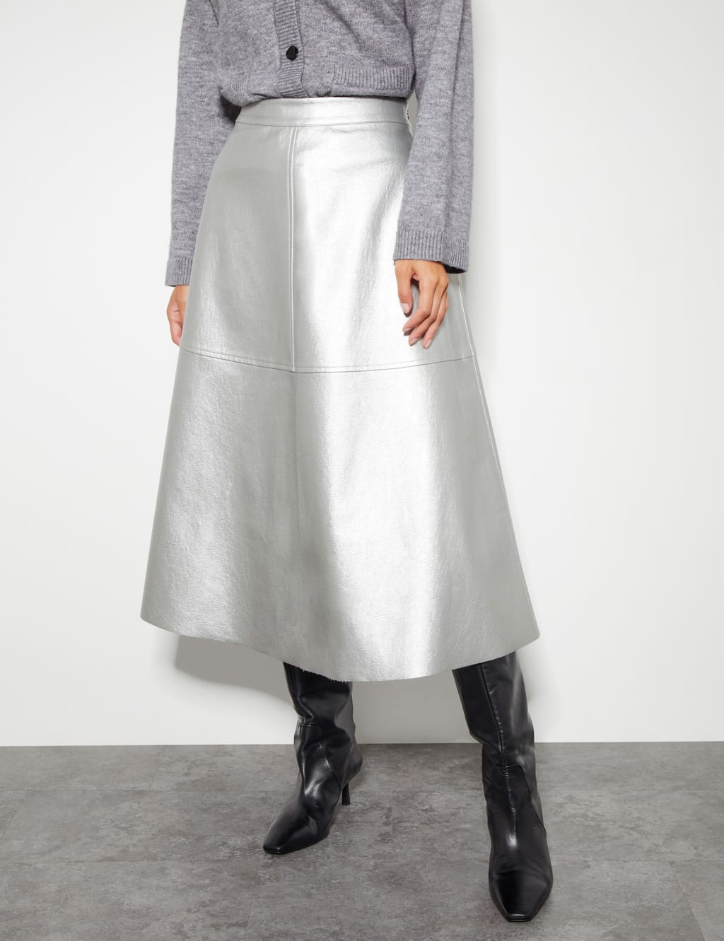 Leather Look Midi A Line Skirt