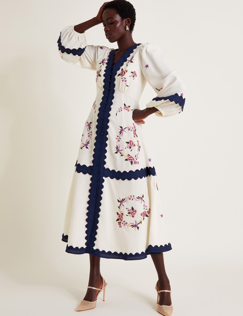 Embroidered V Neck Blouson Sleeve Midi Tea Dress Monsoon M S