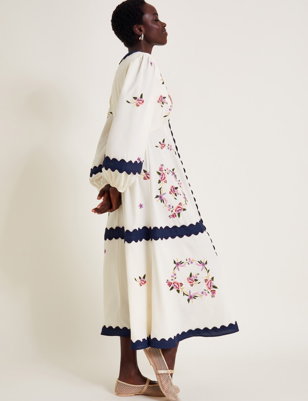 Embroidered V Neck Blouson Sleeve Midi Tea Dress Monsoon M S