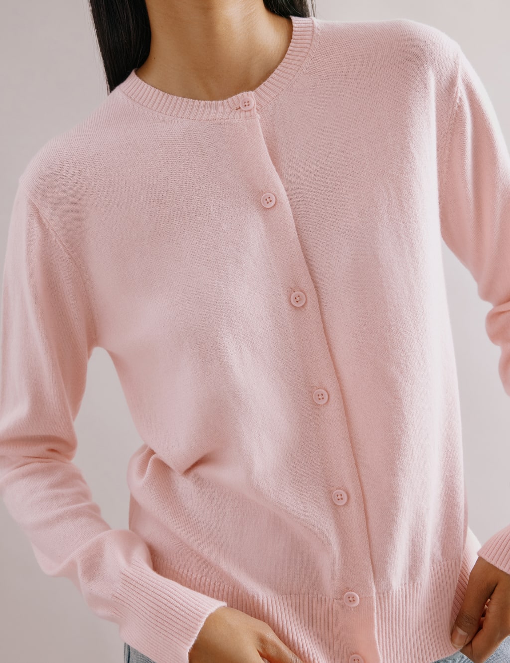 Cotton Blend Crew Neck Cardigan with Wool 5 of 5