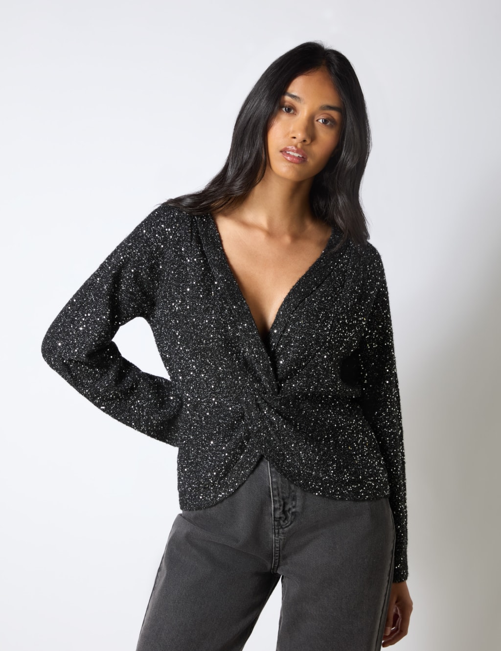 Sparkly V Neck Twist Detail Jumper with Wool