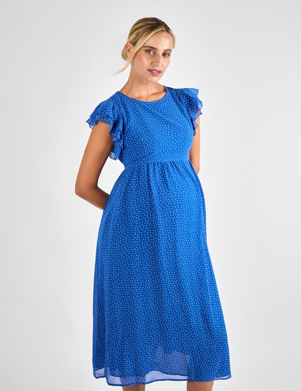 Maternity Polka Dot Midi Waisted Dress 2 of 4
