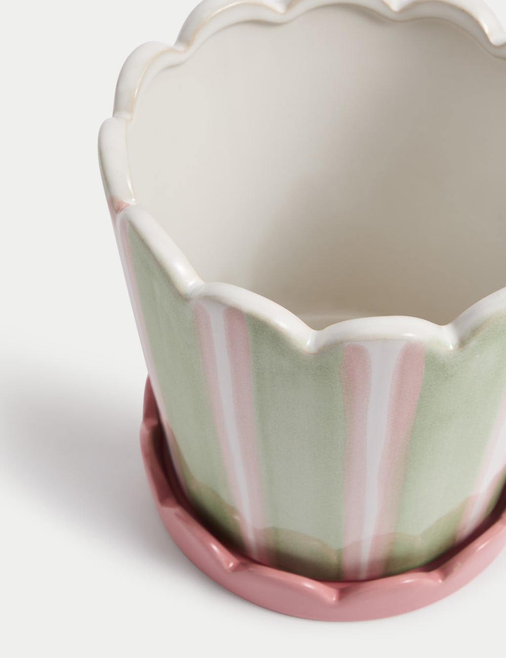 Scalloped Striped Ceramic Planter with Tray 2 of 3