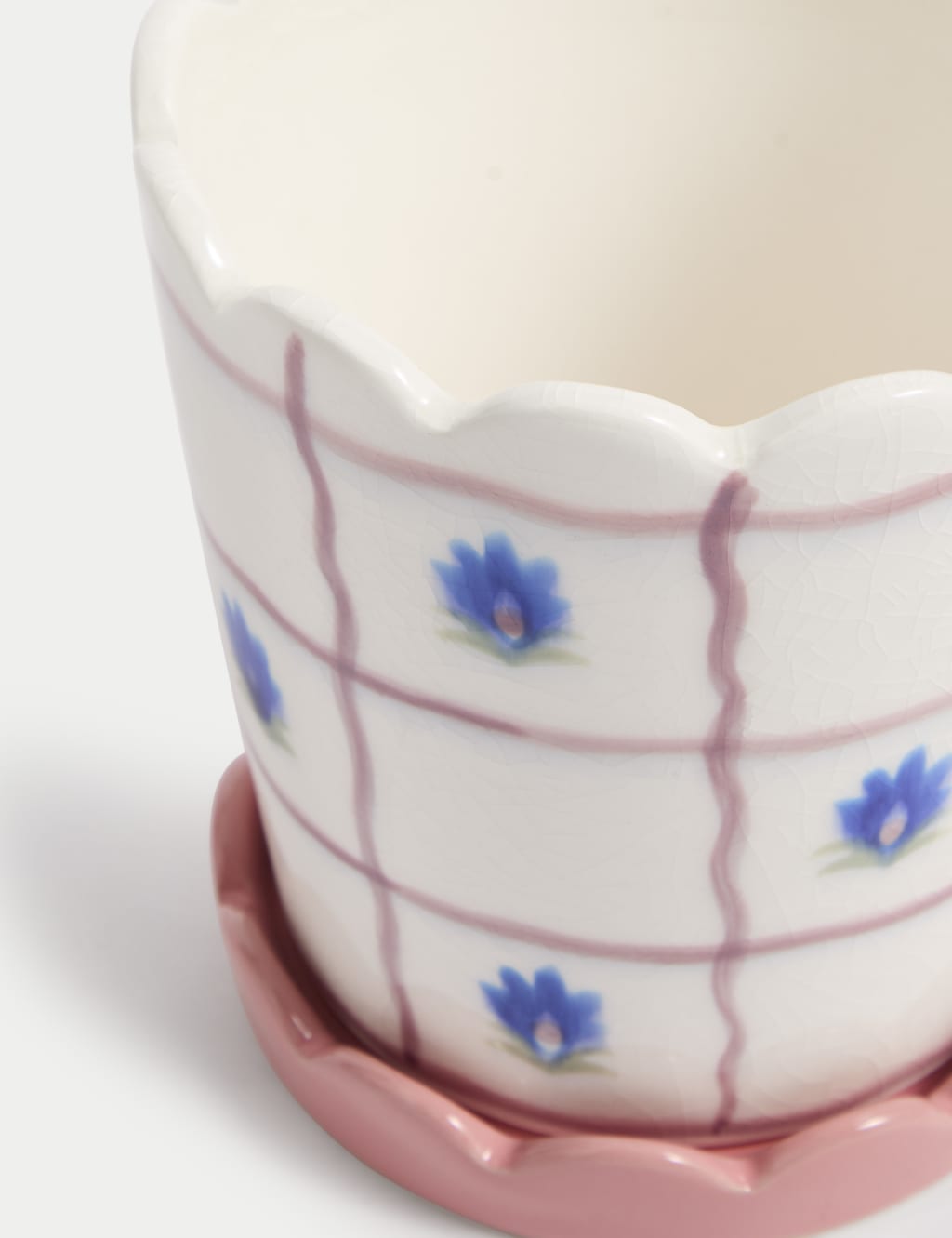 Check & Floral Ceramic Planter with Tray 2 of 3