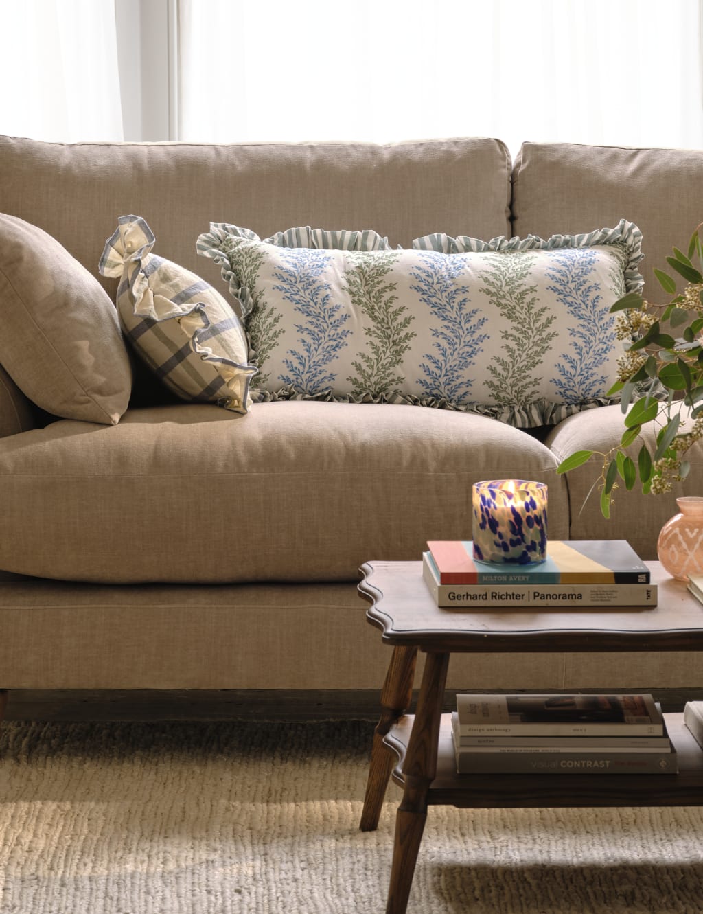 Cotton with Linen Leaf & Striped Bolster Cushion 6 of 7