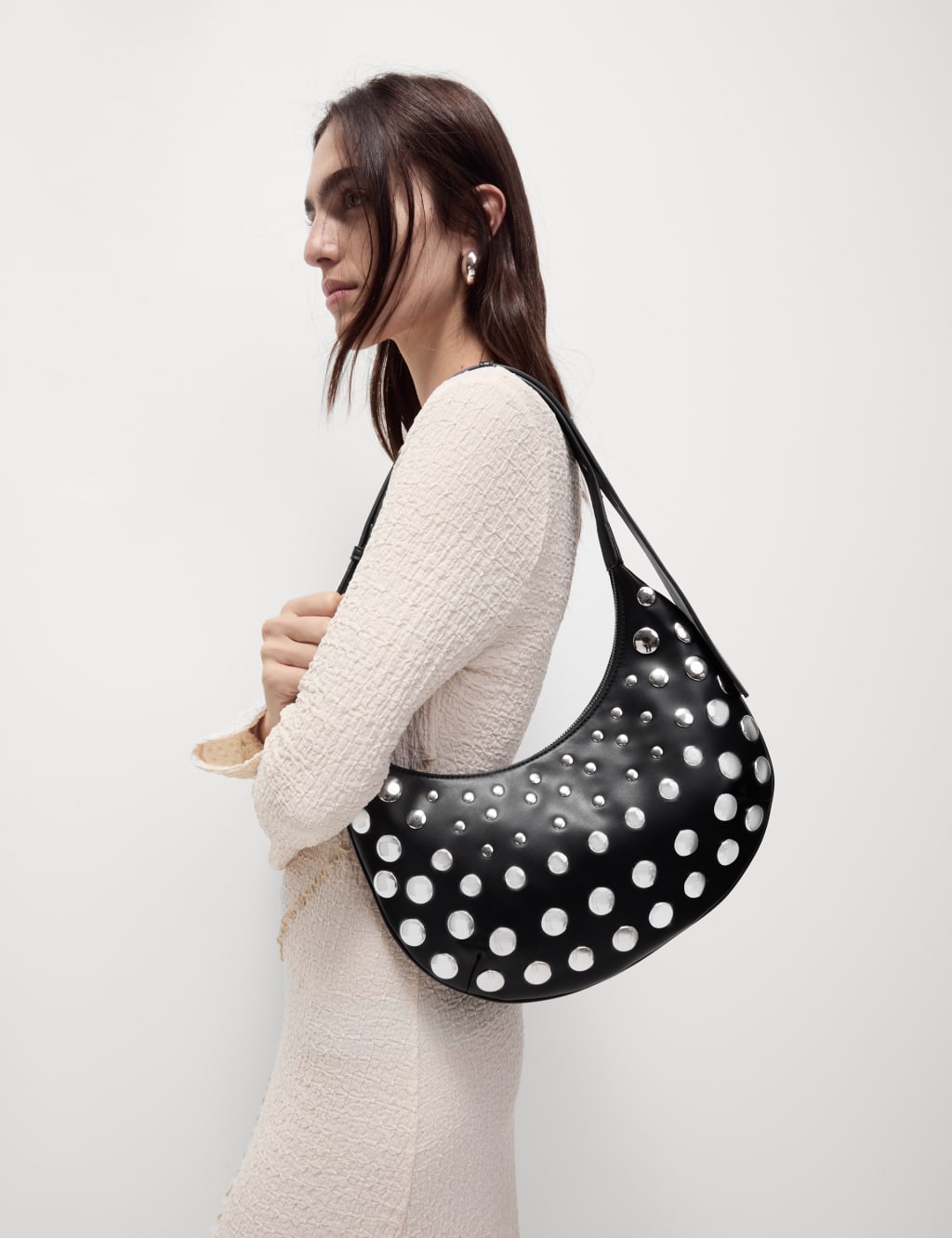 Faux Leather Studded Sling Shoulder Bag