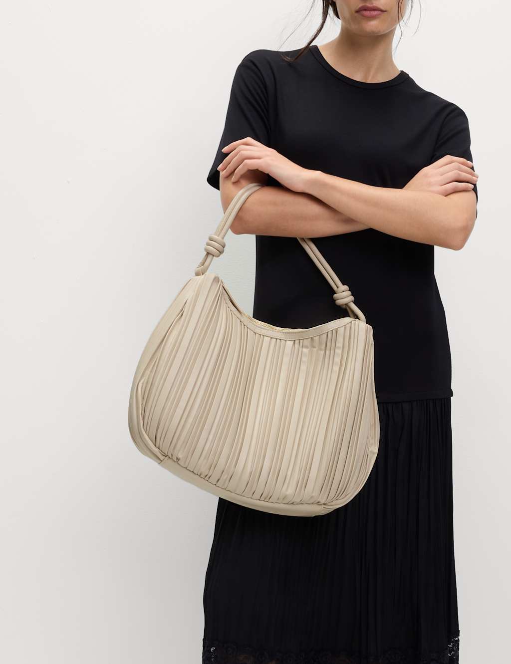 Faux Leather Pleated Top Handle Shoulder Bag 1 of 5