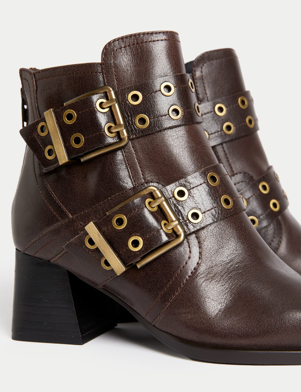 Leather Buckle Detail Block Heel Ankle Boots