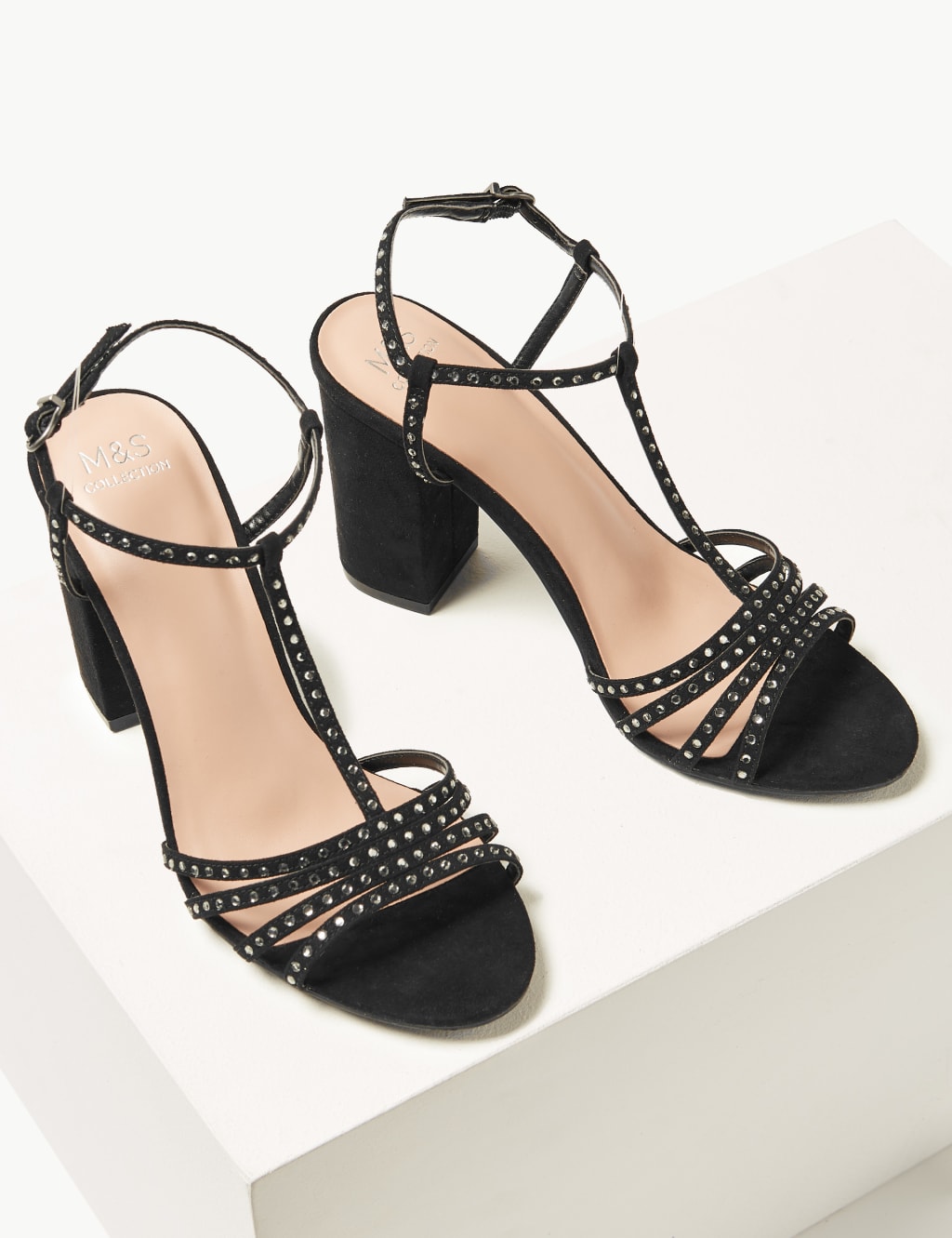 Block Heel Diamanté T-Bar Sandals 3 of 5