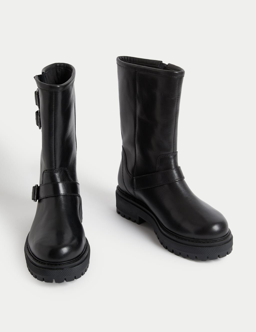 Leather Biker Buckle Flatform Boots