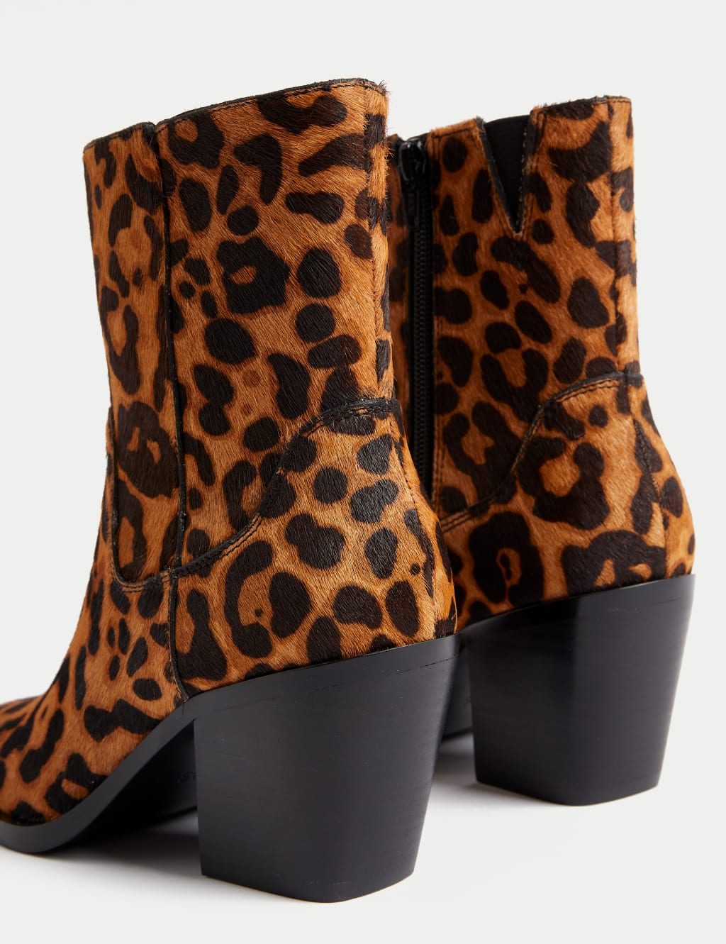 Leather Leopard Print Block Heel Ankle Boots