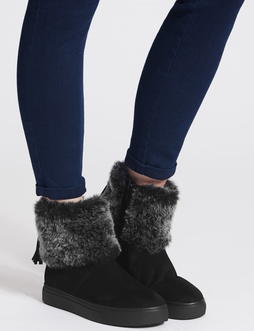 Side Zip Tassel Faux Fur Ankle Boots M S Collection M S