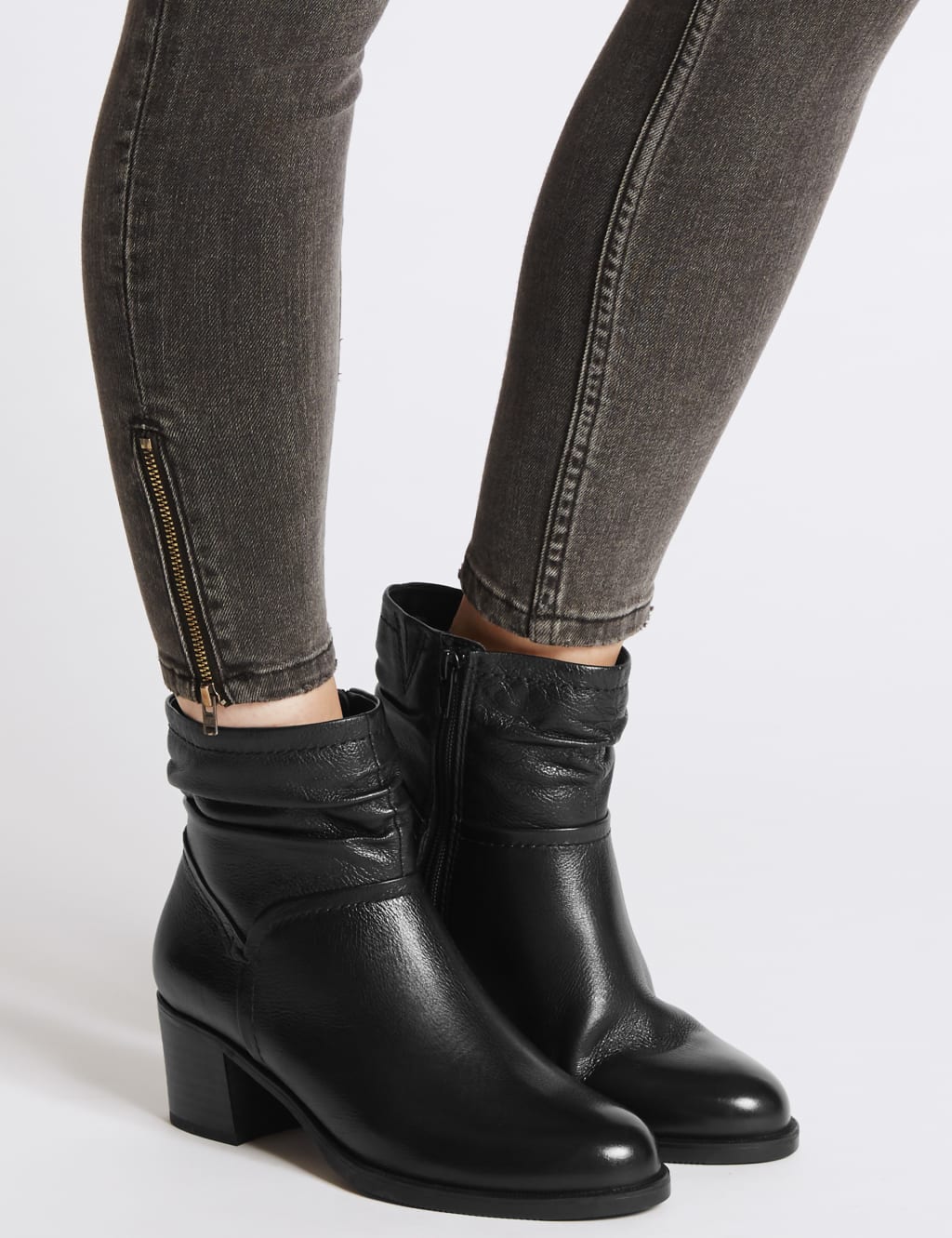 Wide Fit Leather Ruched Block Heel Ankle Boots M S Collection M S
