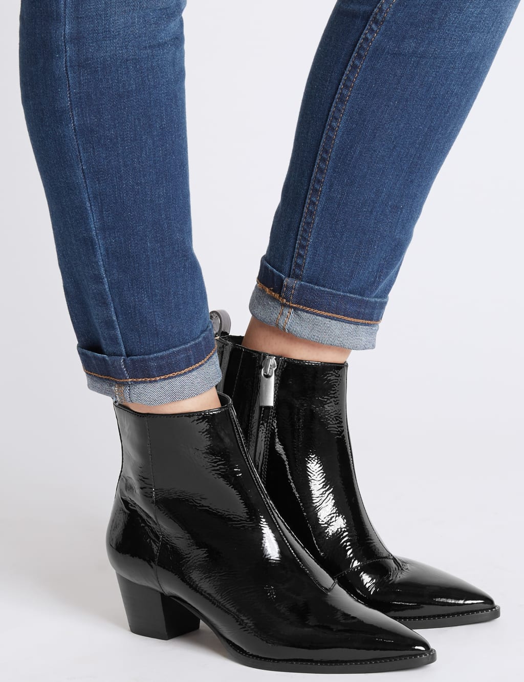 Studded Leather Block Heel Pointed Ankle Boots M S Collection M S